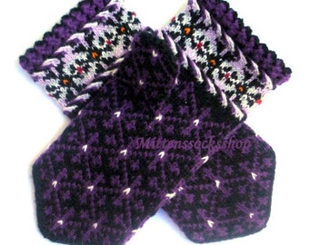 Purple Black Mittens, Hand Knit Wool Mittens, Purple Black Gloves, Latvian Mittens, Hand Knitted Wool Gloves, Unisex Mittens, Winter Gloves