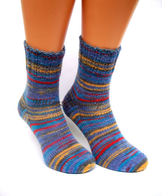 Blue Yellow Red Hand Knitted Socks Blue Yellow Red Striped | Etsy
