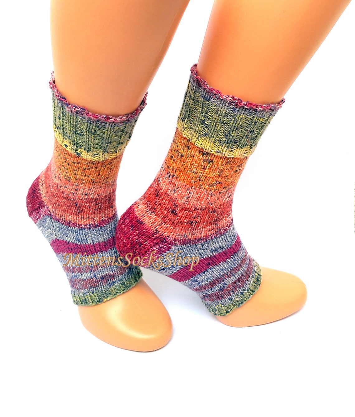 Multicolor Yoga Socks With Heel Hand Knit Rainbow Womens Yoga - Etsy