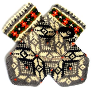 Hand Knit Gray White Black Wool Mittens, Hand Knit Gray White Black Wool Gloves, Winter Mittens, Unisex Mittens, Latvian Mittens, Gift idea image 4