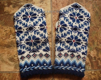 White Blue Wool Mittens, Latvian Mittens, Hand Knit White Blue Gloves, Knit Scandinavian Mittens, Wool Gloves, Adult Mittens, Winter Gloves