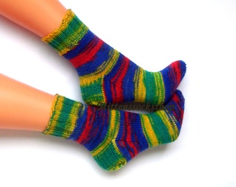 Blue Green Red Yellow Socks, Hand Knitted Blue Green Red Yellow Womens Socks, Colorful Girls Socks, Bright Socks, Striped Socks, Gift idea