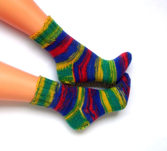 Blue Green Red Yellow Socks Hand Knitted Blue Green Red 