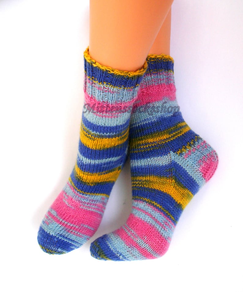Blue Pink Yellow Hand Knitted Socks, Blue Pink Womens Socks, Blue Pink ...
