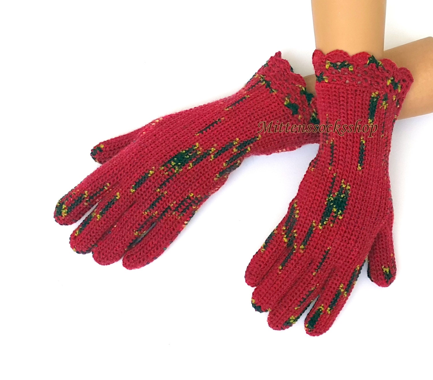Red Black Gloves With Fingers Womens Red Gloves Crochet Etsy