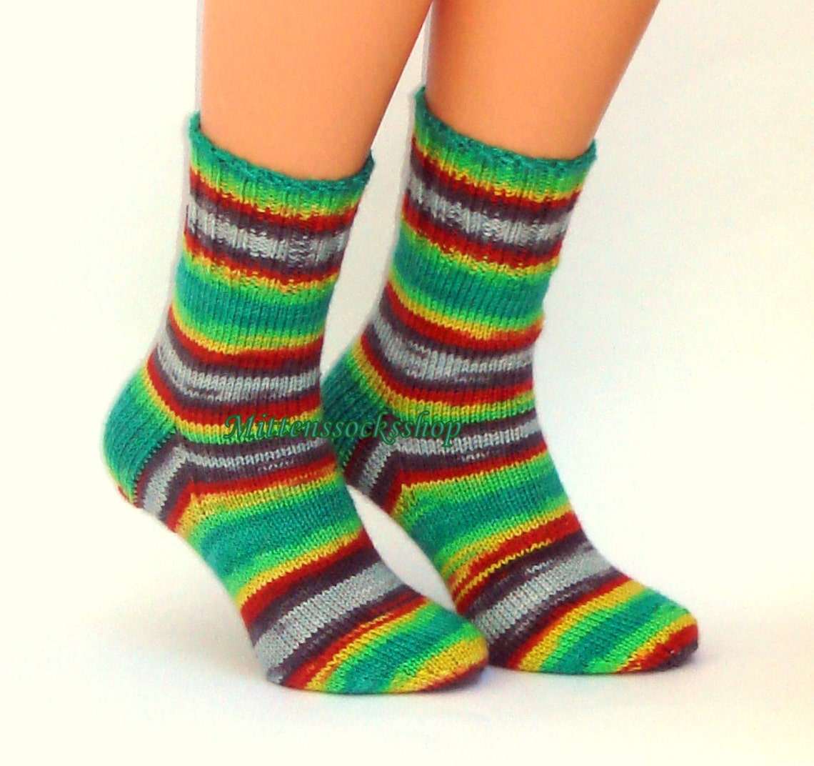 Green Red Gray Yellow Hand Knit Socks Green Red Striped - Etsy
