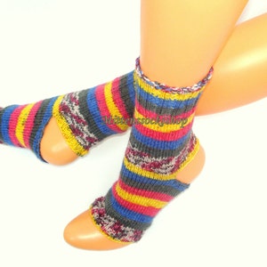 Purple Blue Yellow Yoga Socks, Hand Knitted Striped Yoga Socks, Dance Socks, Pedicure Socks, Summer Socks, Flip Flop Socks, Knit Leg warmers image 1