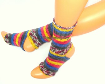 Purple Blue Yellow Yoga Socks, Hand Knitted Striped Yoga Socks, Dance Socks, Pedicure Socks, Summer Socks, Flip Flop Socks, Knit Leg warmers