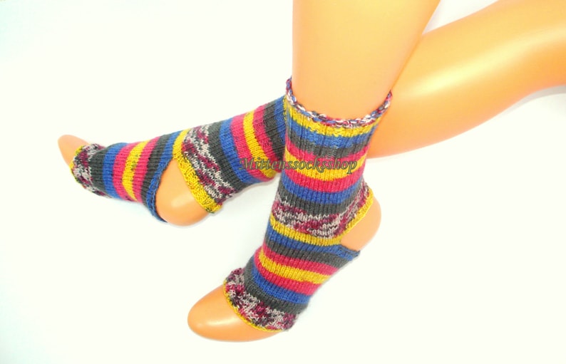 Purple Blue Yellow Yoga Socks, Hand Knitted Striped Yoga Socks, Dance Socks, Pedicure Socks, Summer Socks, Flip Flop Socks, Knit Leg warmers image 1