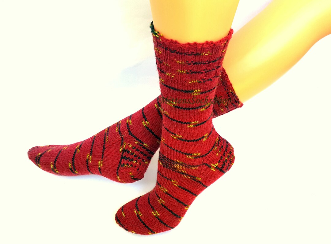 Hand Knitted Red Socks, Red Black Striped Socks, Colorful Socks, Red