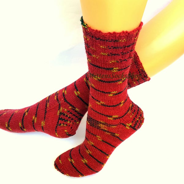 Hand Knitted Red Socks, Red Black Striped Socks, Colorful Socks, Red Black Womens Socks, Wool Socks, Bright Girls Socks, Winter Socks, Gift