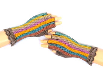 Beige Half Finger Gloves, Rainbow Fingerless Gloves, Crochet Finger Gloves, Finger Gloves, Arm Warmers, Texting Gloves, Driving Gloves, Gift