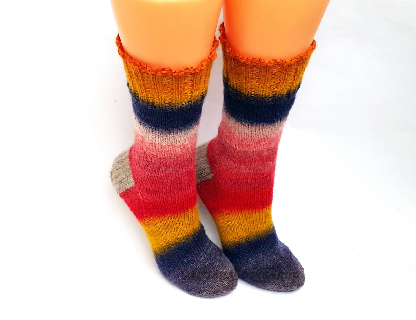 Blue Red Yellow Beige Hand Knitted Socks Striped Womens - Etsy