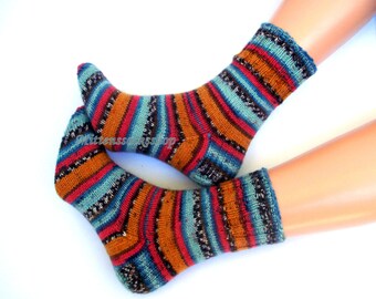 Blue Yellow Hand Knitted Socks, Striped Socks, Womens Socks, Winter Socks, Wool Socks, Adult Socks, Warm Socks, Socks for Men, Girls Socks