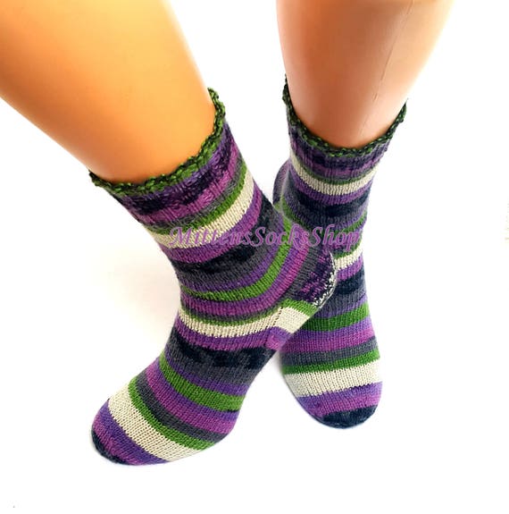 Purple Green Gray White Socks Hand Knitted Socks Striped - Etsy