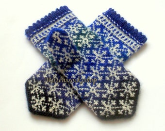 Hand Knitted Latvian Snowflake Mittens: Blue Green Black White Winter Wool Gloves
