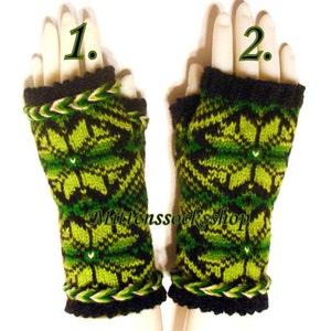 Green Black Fingerless Gloves, Hand Knit Womens Fingerless Gloves, Wrist Warmers, Hand Warmers, Arm Warmers, Knit Wool Fingerless Mittens