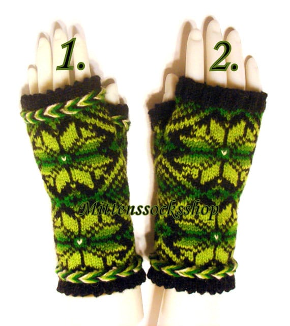 Fingerless Gloves Green Black Hand Knit Women's Fingerless Etsy