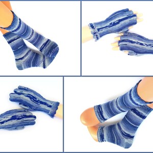 Hand knit Socks, Hand knit Yoga socks with heel, Crochet Gloves with Fingers and Crochet Fingerless Gloves - they are in the same style and made from sock yarn as the blue yoga socks with heel socks and are available in the store.