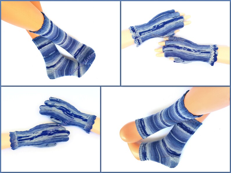 Hand knit Socks, Hand knit Yoga socks with heel, Crochet Gloves with Fingers and Crochet Fingerless Gloves - they are in the same style and made from sock yarn as the blue yoga socks with heel socks and are available in the store.