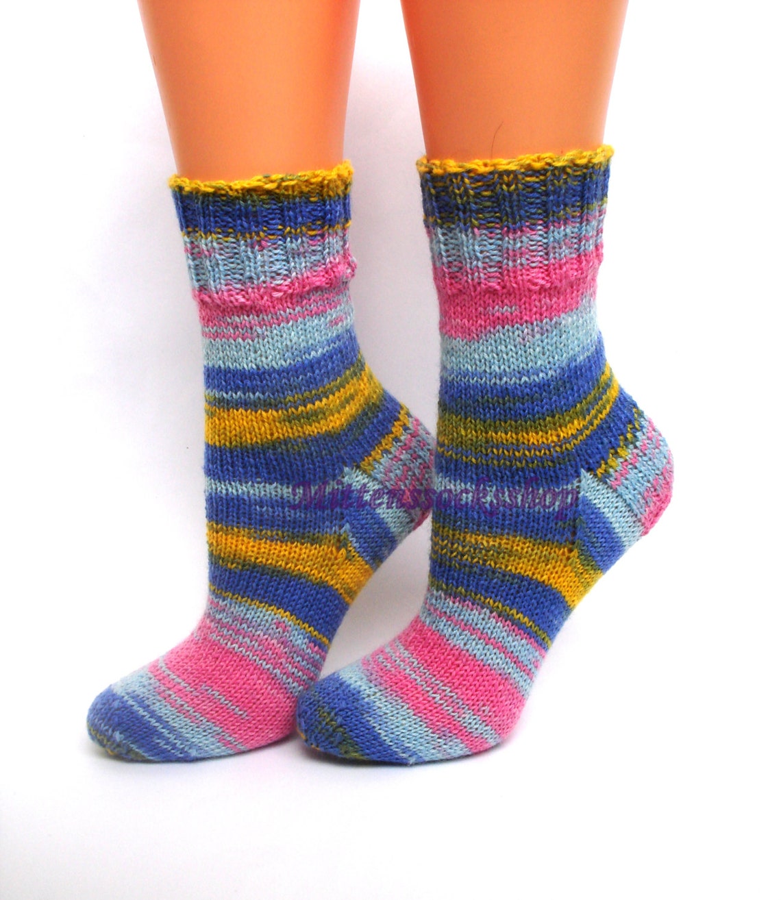 Blue Pink Yellow Hand Knitted Socks Blue Pink Womens Socks - Etsy
