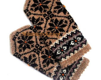 Hand Knit Beige Black Mittens, Wool Mittens, Latvian Mittens, Hand Knit Beige Black Gloves, Wool Gloves, Unisex Mittens, Winter Gloves, Gift