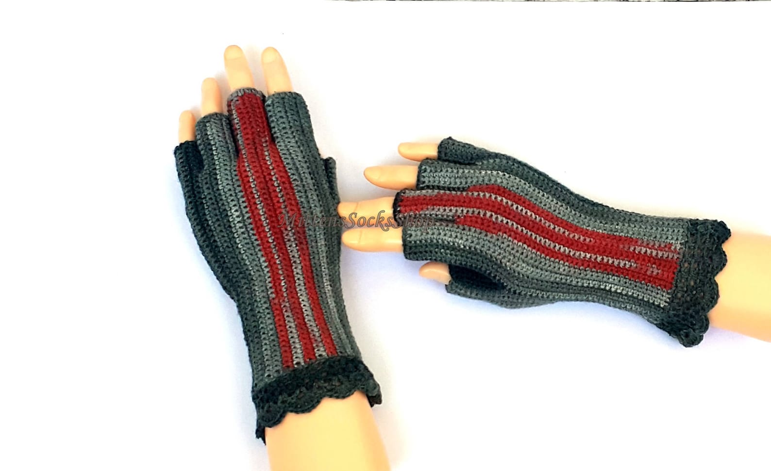 Gray Red Half Finger Gloves Women's Half Finger Gloves Etsy