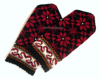 Hand Knitted Red Black White Mittens Hand Knitted Red Black White Gloves Wool Mittens Wool Gloves Red Black Winter Mittens Patterned Mittens