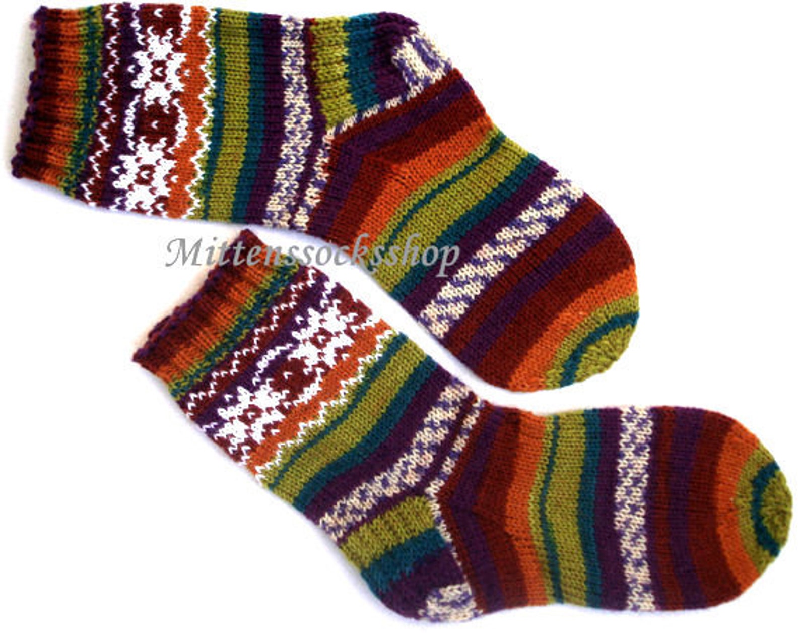 Hand Knitted Green Purple Yellow Socks, Striped Socks, Colorful Socks