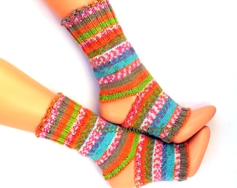 Orange Pink Hand Knitted Yoga Socks, Striped Girls Yoga Socks, Womens Summer Socks, Dance Socks, Leg Warmers, Pedicure Socks, Knit Spa Socks