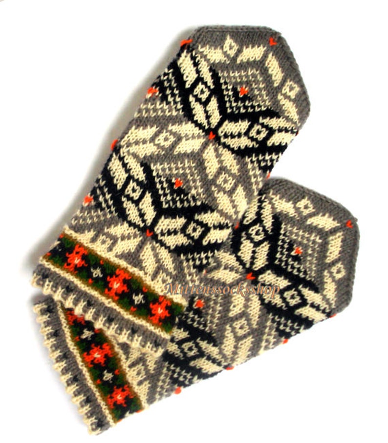 Hand Knit Gray White Black Wool Mittens, Hand Knit Gray White Black Wool Gloves, Winter Mittens, Unisex Mittens, Latvian Mittens, Gift idea image 8