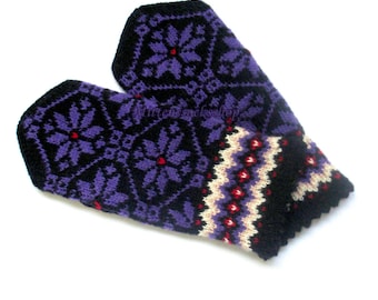 Hand Knit Wool Latvian Mittens: Purple Black Scandinavian Style Gloves