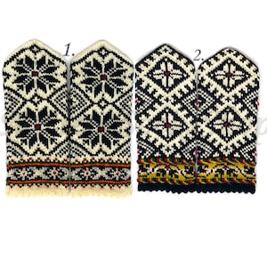 Black White Hand Knit Wool Mittens, Knit Wool Gloves, Nordic Mittens, Latvian Mittens, Scandinavian Mittens, Winter Gloves, Unisex Mittens
