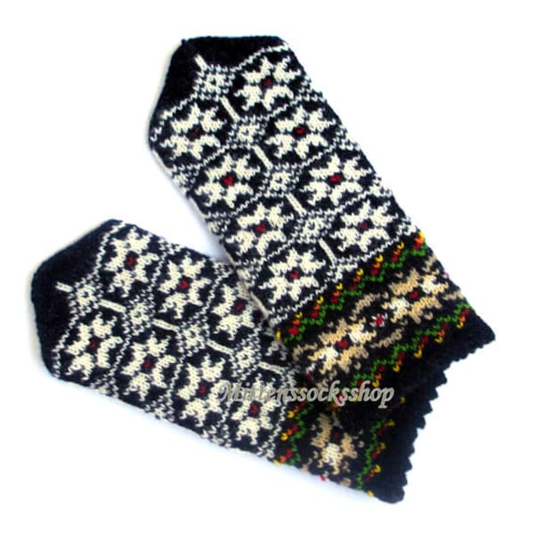 Knit Mittens, White Black Mittens, Wool Mittens, Hand Knit White Black Wool Gloves, Patterned Latvian Mittens, Winter Gloves, Womens Mittens