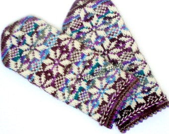 Hand Knitted Latvian Mittens: Purple Blue Scandinavian Winter Gloves