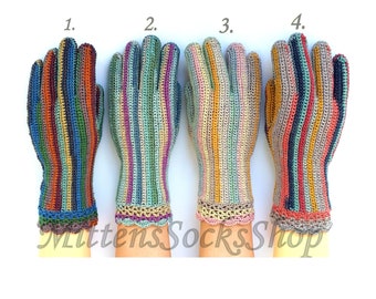 Gestreifte Handschuhe mit Fingern, mehrfarbige Damenhandschuhe, Wollfingerhandschuhe mit Lurex, Häkelhandschuhe, Mädchenfingerhandschuhe, fingerlose Handschuhe