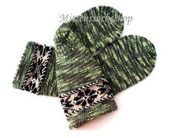 Hand Knit Mohair - Wool Socks: Green Gray Winter Warmth Leg Warmers