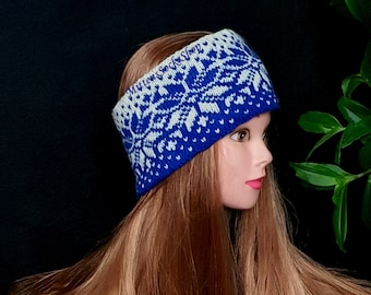 Blue & White Hand Knit Headband: Nordic Snowflake Ear Warmer