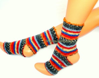 Red Blue White Black Yoga Socks, Hand Knit Striped Yoga Socks, Womens Yoga Socks, Dance Socks, Flip Flop Socks, Leg Warmers, Feet Warmers