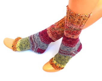 Hand Knit Multicolor Yoga Socks with Heel: Wool Blend Striped Leg Warmers