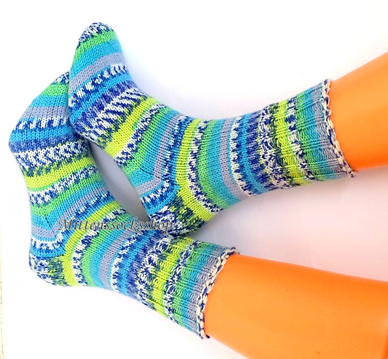 Blue Green Socks, Hand Knitted Socks, Blue Green Womens Socks, Blue