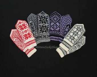 Hand Knit Nordic Wool Mittens: Norwegian Selbu Style, Adult Winter Gloves