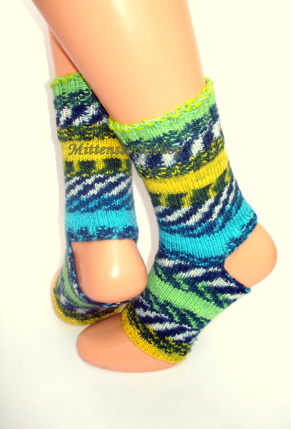 Green Blue Yellow Hand Knit Yoga Socks, Womens Yoga Socks, Girls Dance