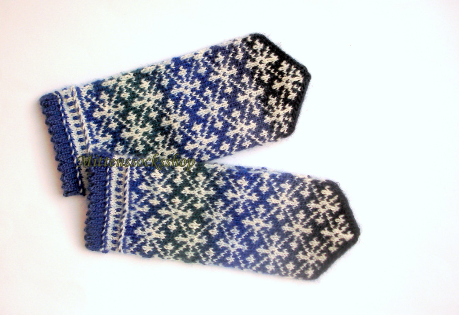 Hand Knitted Blue Green Black Mittens, Hand Knitted Blue Green Black Gloves, Womens Mittens