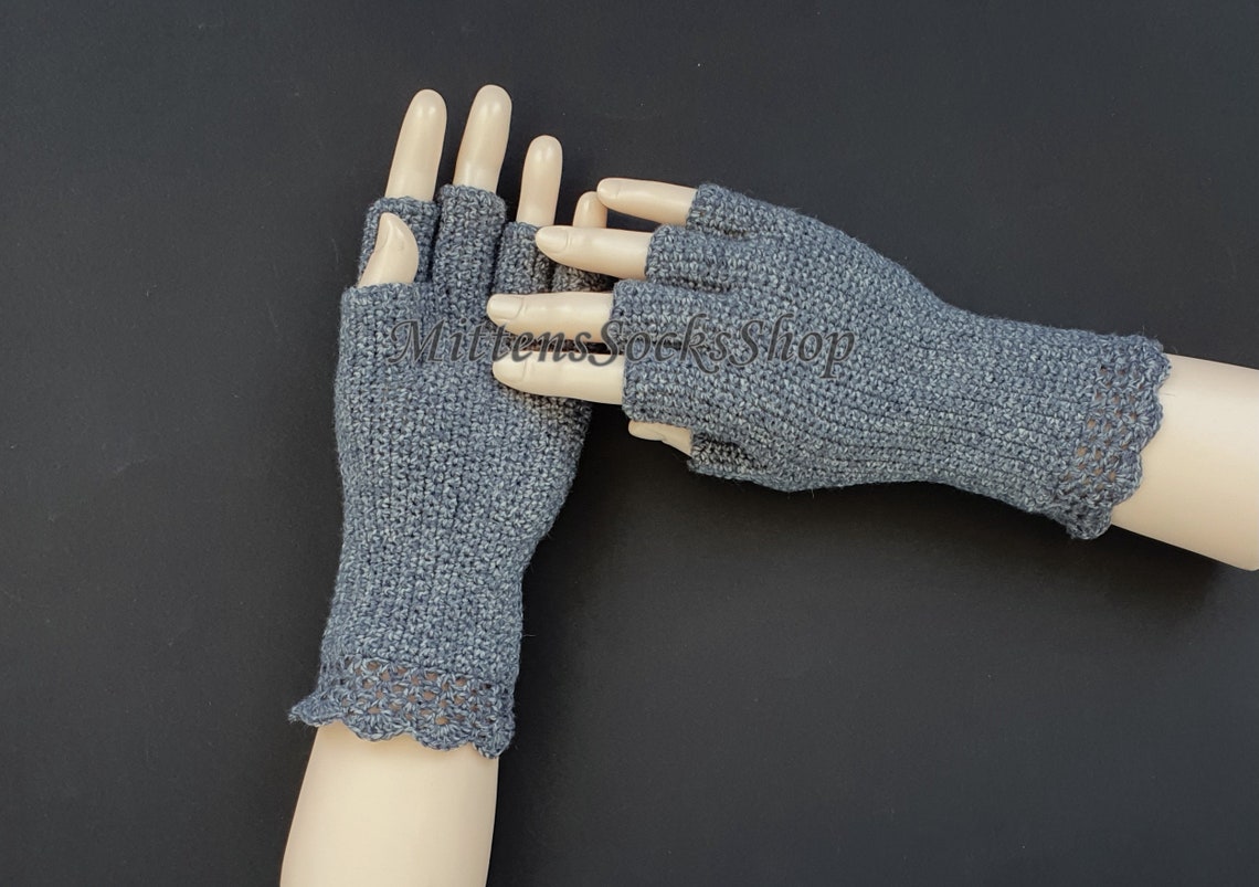 Gray Turquoise Half Finger Gloves Women's Half Finger Etsy