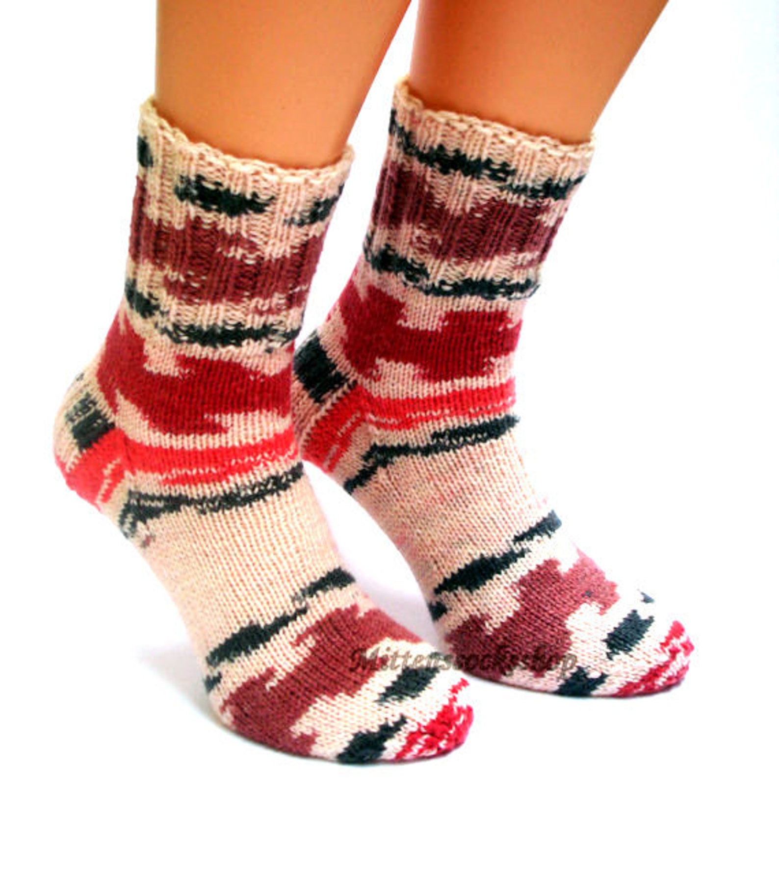 White Red Black Socks, Hand Knitted Socks, White Red Black Womens Socks