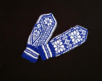 Hand Knit Nordic Mohair Mittens, Scandinavian Royal Blue White Snowflake Gloves