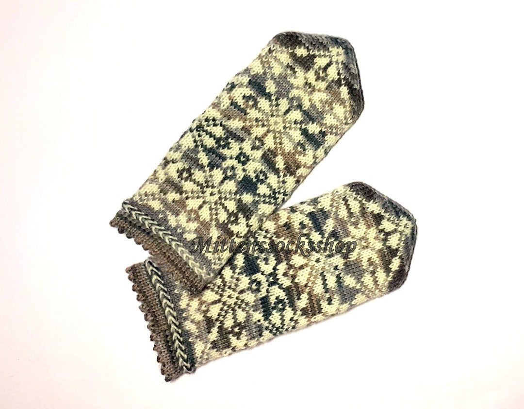 Gray White Mittens, Hand Knit Wool Mittens, Knit Gray White Wool Gloves