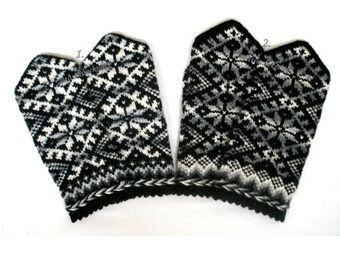 Black Gray White Mittens, Knit Wool Mittens, Hand Knitted Black Gray White Wool Gloves, Winter Gloves, Latvian Mittens, Scandinavian Mittens