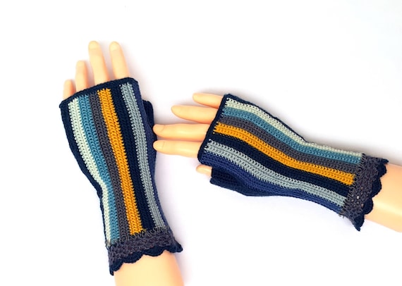 Fingerless Gloves Blue Gray Yellow Striped Crochet Fingerless Gloves Hand Knit Mittens Hand Warmers Wrist Warmers Arm Warmers Driving Gloves